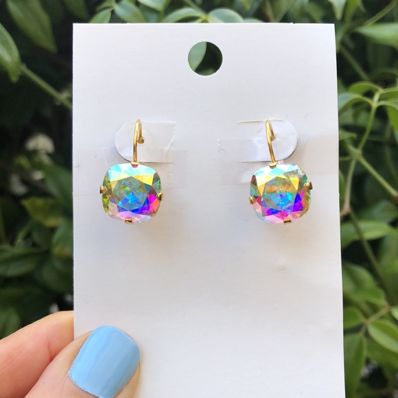 Jewelry - Aurora Borealis Cushion Cut Crystal Drop Earrings